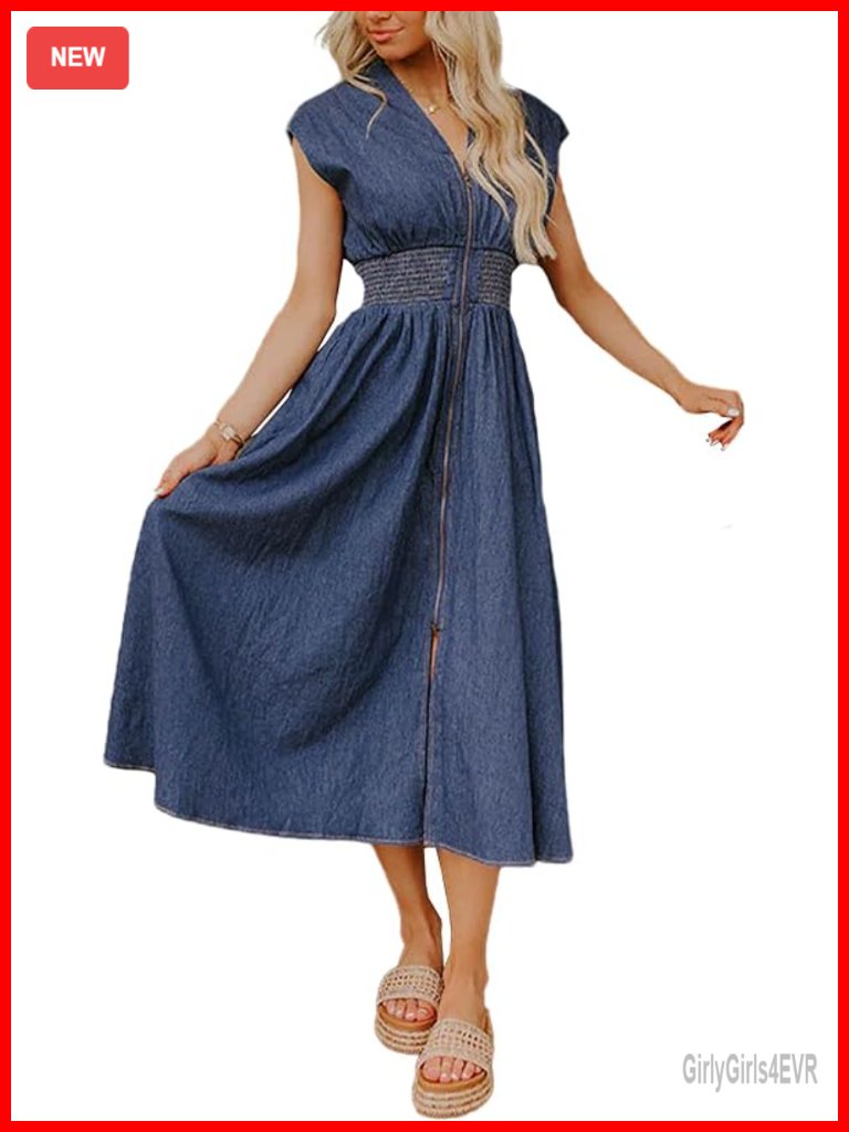 Sleeveless Denim Midi Dress V Neck Zip Up Smocked Waist A Line Slit Front